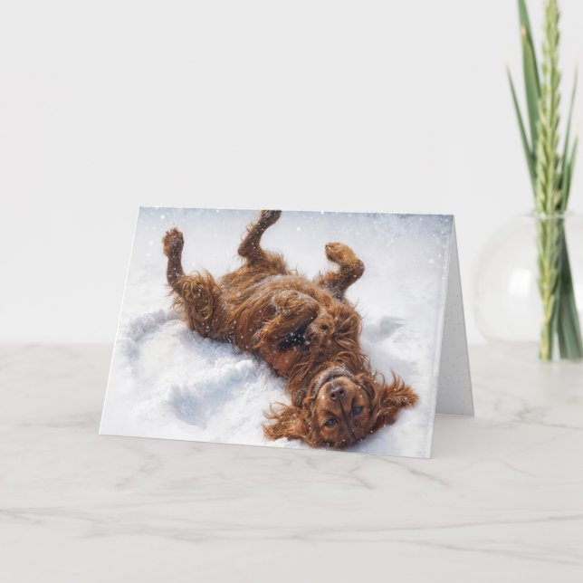 Jul Irish Setter gör en snöängel Helgkort (Framsida)