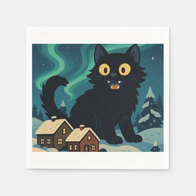 Jul Isländsk Jull katt med Norrsken Pappersservett (Framsidan)