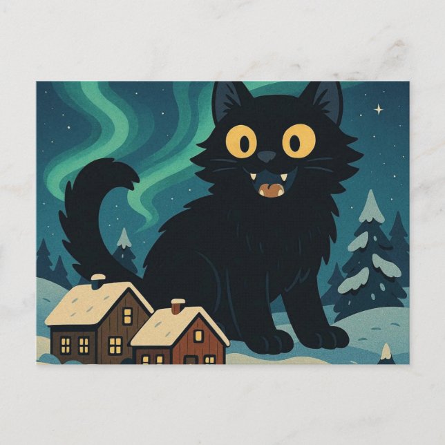 Jul Isländsk Jull katt med Norrsken Vykort (Framsida)