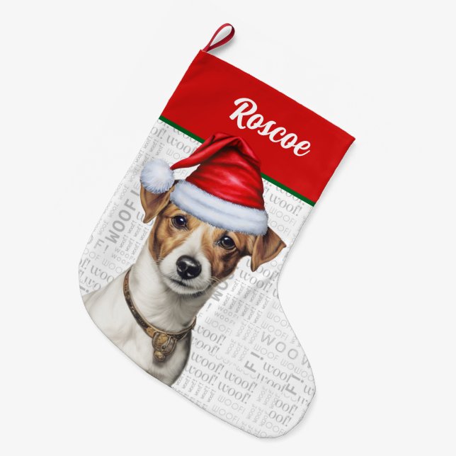 Jul-Jacken Russell med Namn Woof Background Stor Julstrumpa (Framsidan (Hängande))