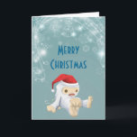 Jul Jeti Doll Wearing a Santa Hat Helgkort<br><div class="desc">Ett hälsningskort i god jul med en illustration av en söt liten juljyeti, leksak doll, med en röd tomathatt. Den lilla yeti har en dragsträng för att få honom att prata och han är täckt i mjuk vit päls med ljusbruna accenter. Bakgrunden är ett återgrönaktigt blått färg med finare som...</div>