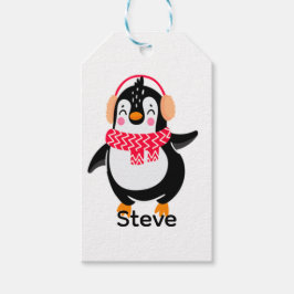 Jul Jolly Penguin i Scarf med Ear Muffs Presentetikett