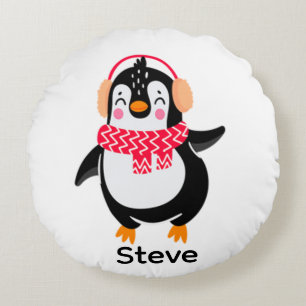 Jul Jolly Penguin i Scarf med Ear Muffs Rund Kudde