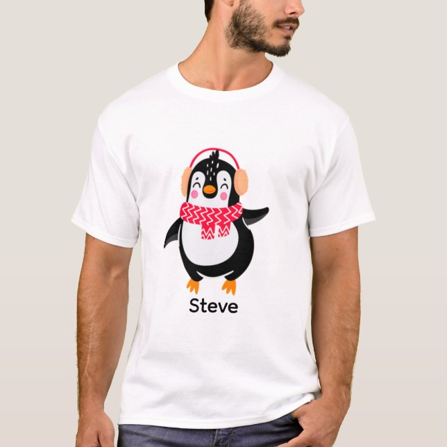 Jul Jolly Penguin i Scarf med Ear Muffs T Shirt (Framsida)