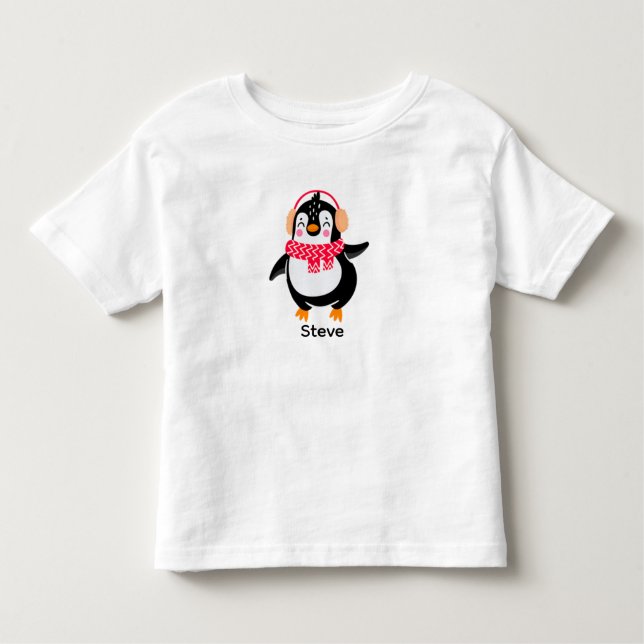 Jul Jolly Penguin i Scarf med Ear Muffs T Shirt (Framsida)