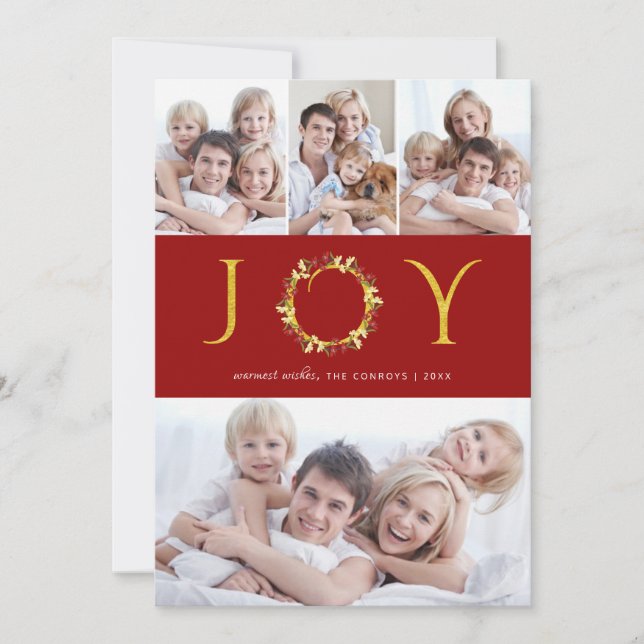 Jul Joy 4-Foton Red Guld Faux Foil Helgdag Julkort (Framsida)