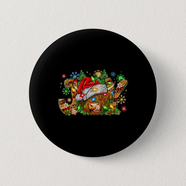 Jul Joy Cute Highland Cow med Santa Hat Xma Knapp (Framsida)