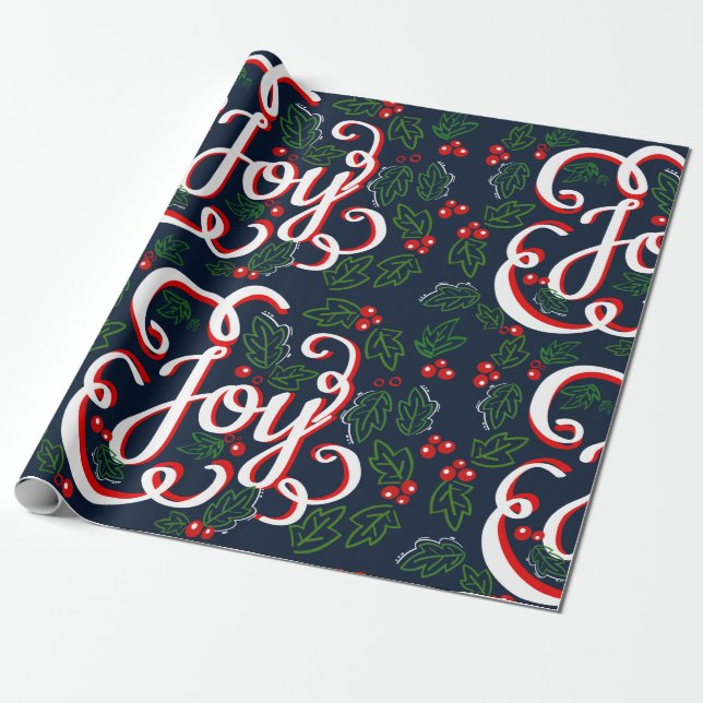 Jul Joy Holly Berries & Mörk Navy Blue Presentpapper (Utrullad)