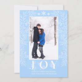 Jul Joy Modern Blommigt Line Art Blue Photo Julkort