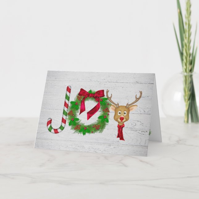 Jul Joy på grått-rustiskt trä med snöflingor Kort (Framsida)