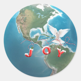 Jul JOY White Dove på Globe Runt Klistermärke