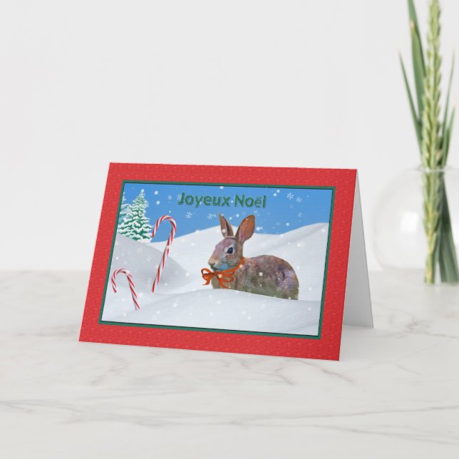 Jul, Joyeux Noël, Fransk, kanin, Snö, kort (Framsida)