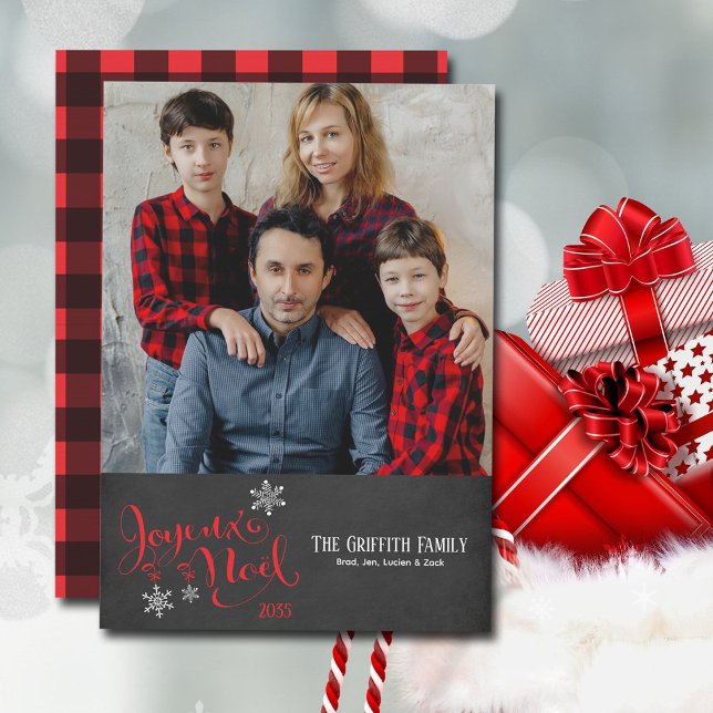 Jul Joyeux Noel Snöflingor Buffalo Play Julkort (Joyeux Noel one-photo Christmas card with buffalo plaid back.)