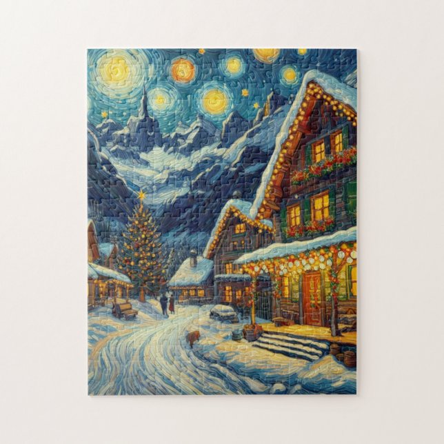 Jul: Jul i Starry Night Mountain Village Pussel (Vertikal)