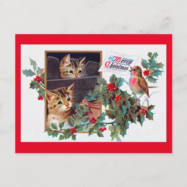 Jul, Julafton Kitten och Little Bird Vykort (Framsida)
