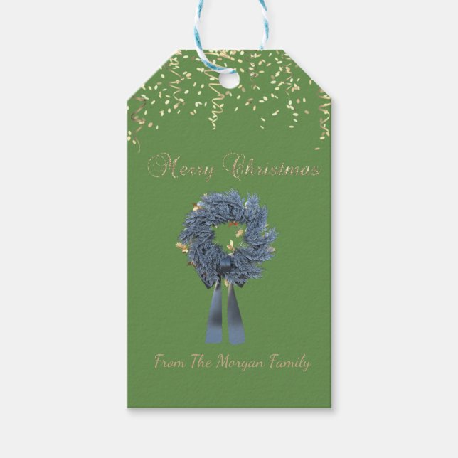Jul Julblå Krans, Konfetti, Grön Presentetikett (Framsidan)