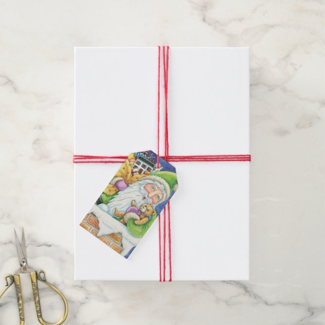 Jul, Jultomten i Skorsten med Leksaker Presentetikett (Med Snöre)