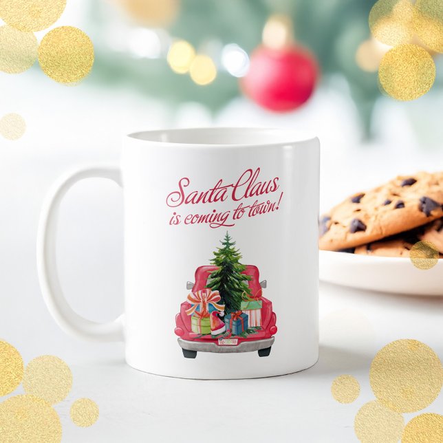 Jul Jultomten kommer till Röda Lastbil Kaffemugg (Christmas Santa Claus Is Coming To Town Red Truck Coffee Mug)