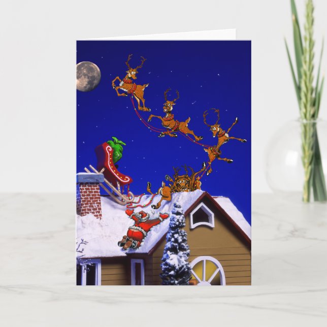 Jul - jultomten kraschade på taktaket helgkort (Framsida)