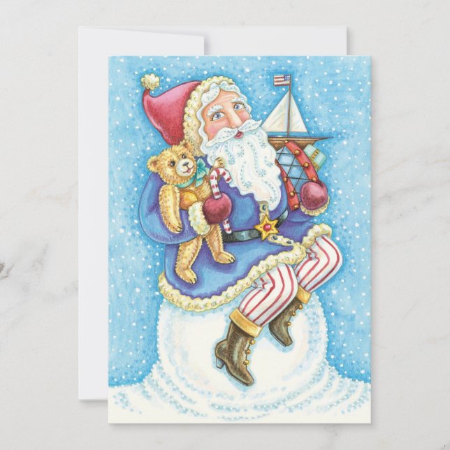 Jul, Jultomten på Snowball med Leksaker Julkort (Framsida)