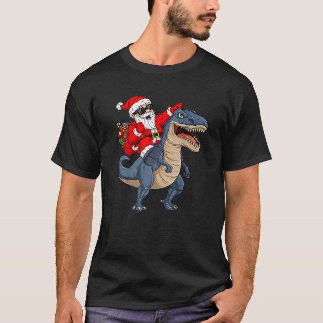 Jul Jultomten Riding Dinosaur T Rex Julafton Shirt (Framsida)