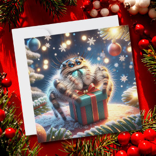 Jul Jumping Spider Holding Gift Julkort