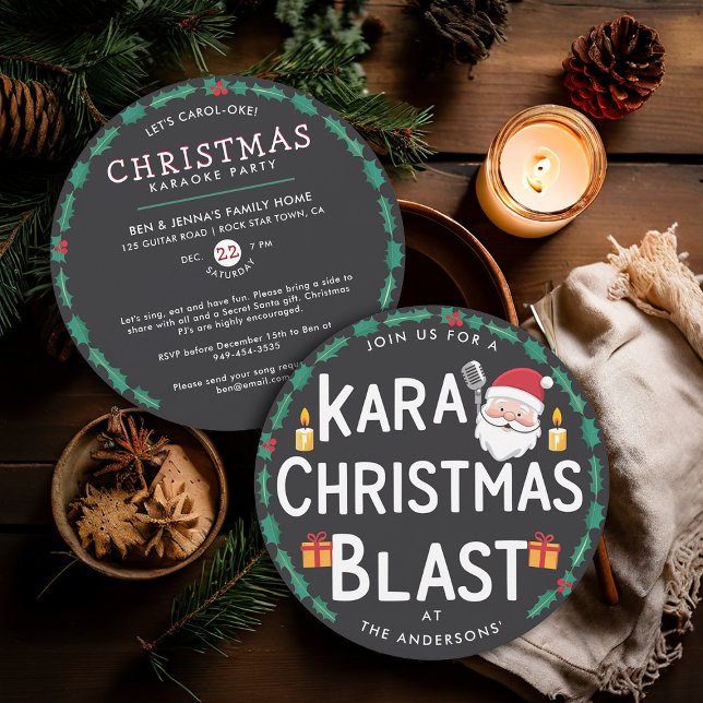 Jul Karaoke Party Santa Sång Vinyl Record Inbjudningar (christmas party invitation karaoke family office vintage retro nostalgia vinyl record santa carols)