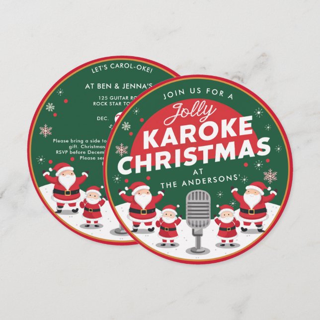 Jul Karaoke Party Singing Santa Vinyl Record Inbjudningar (Fram/baksida)