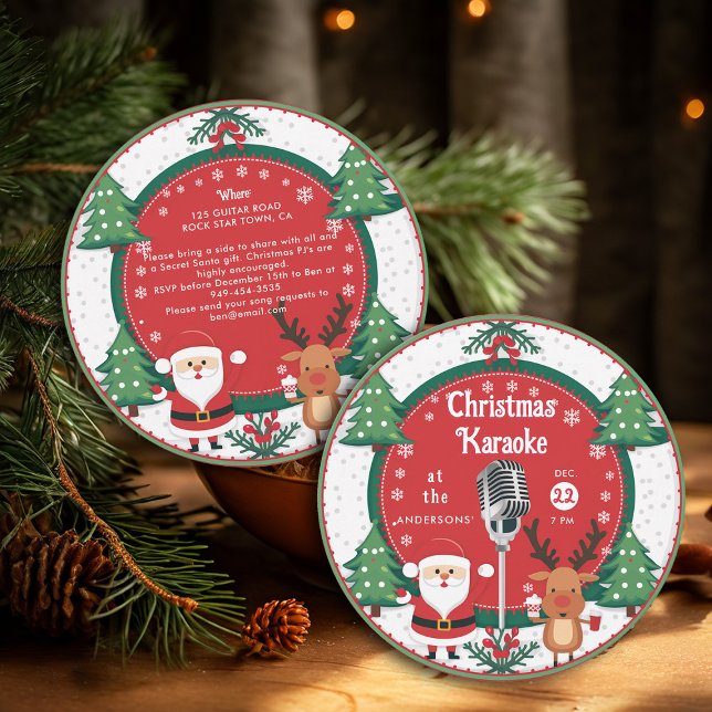 Jul Karaoke Santa Reindeer Vinyl Record Inbjudningar (christmas party invitation karaoke family office vintage retro nostalgia vinyl record santa reindeer)