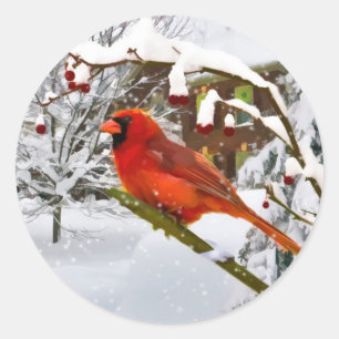 Jul, kardinal Bird, Snö, Sticker Runt Klistermärke