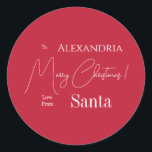 Jul Kärlek från Santa Red-Personligen Runt Klistermärke<br><div class="desc">Det här är en peresonaliserad, modern, God jul, Kärlek från tomtdesignen. Det är i fetiöst rött och vitt och har budskapet: "Till Alexandria God jul! Kärlek från tomten". Idealisk för julklapp, kuvertsälar eller party favors, denna festsäsong. Om du vill anpassa dig lägger du bara till ditt namn i textrutan Anpassa....</div>
