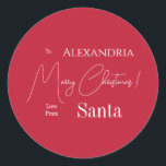 Jul Kärlek från Santa Red-Personligen Runt Klistermärke<br><div class="desc">Det här är en peresonaliserad, modern, God jul, Kärlek från tomtdesignen. Det är i fetiöst rött och vitt och har budskapet: "Till Alexandria God jul! Kärlek från tomten". Idealisk för julklapp, kuvertsälar eller party favors, denna festsäsong. Om du vill anpassa dig lägger du bara till ditt namn i textrutan Anpassa....</div>