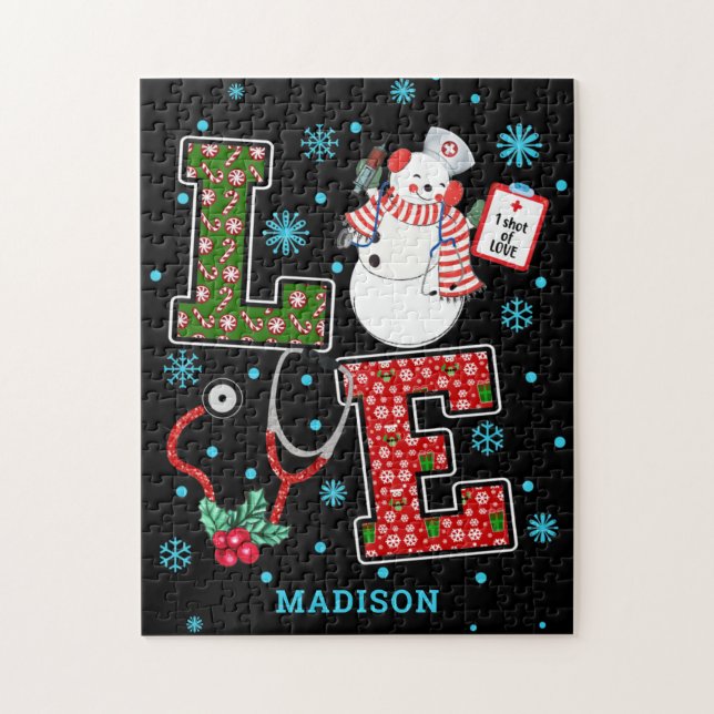 Jul Kärlek Nurse Cute Medical Snögubbe Namn Pussel (Vertikal)
