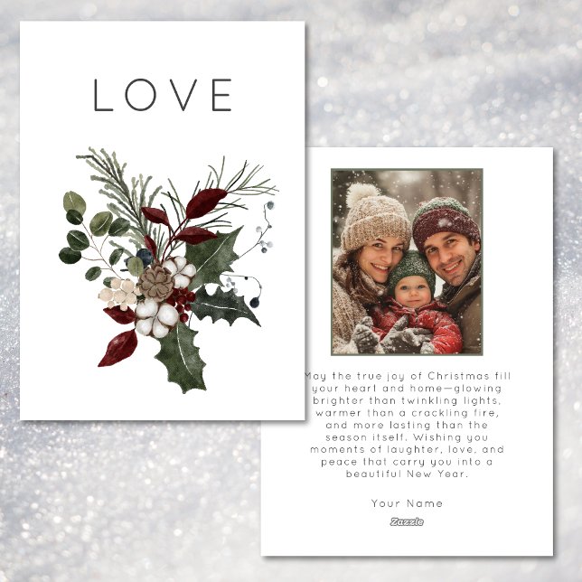 Jul Kärlek Rustic Minimal Photo Grey Julkort (Christmas Love Rustic Minimal Photo Greenery Holiday Card)