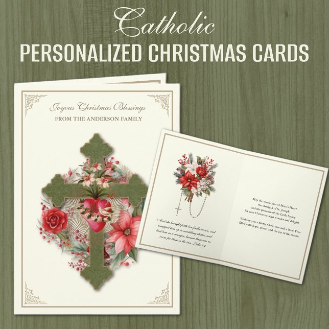Jul katolsk Jungfru Maria Hjärtan Poinsettia  Helgkort (Catholic Personalized Christmas Cards with Poinsettias and Cross)