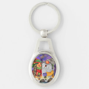 Jul Keychain Ett par Gnomes Singing Lycklig Ovalt Silverfärgad Nyckelring