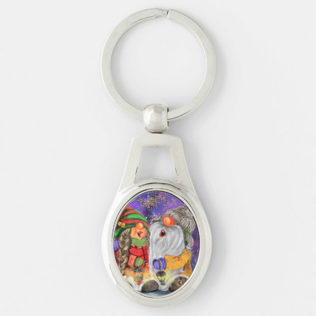 Jul Keychain Ett par Gnomes Singing Lycklig Ovalt Silverfärgad Nyckelring (Framsidan)