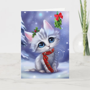 Jul Kitten Cat Helgdag Cute med Mistletoe Kort