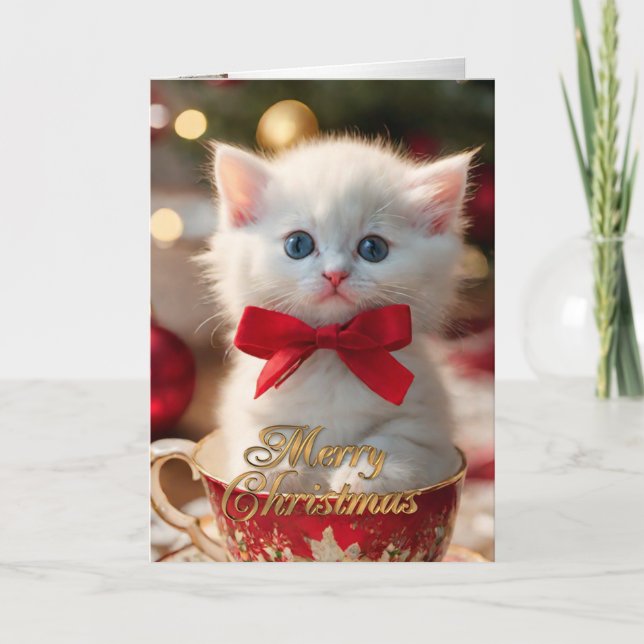 Jul Kitten i ett te kopp helgdag-kort Helgkort (Framsida)