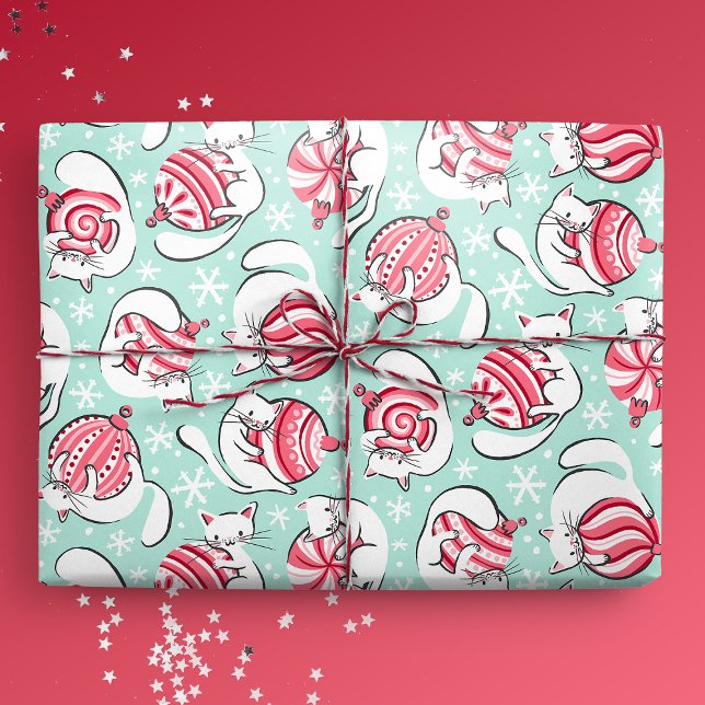 Jul Kittens med Peppermint Candy Baubles Presentpapper (Kittens with Peppermint Candy Baubles Gift Mockup)