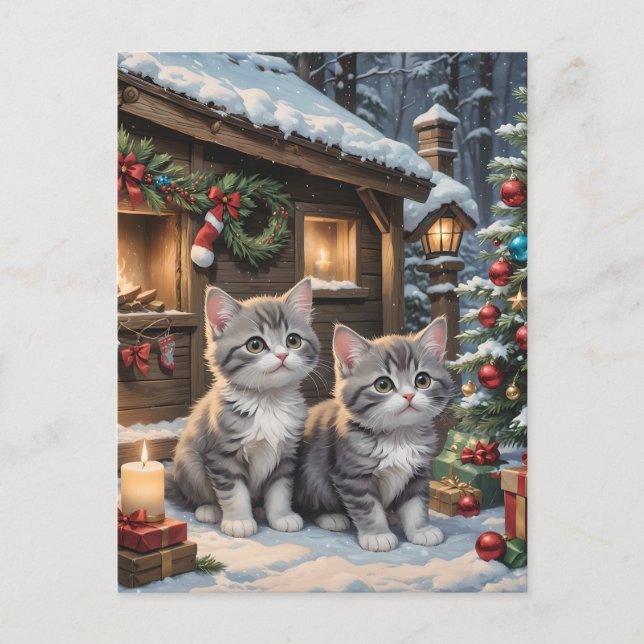 Jul Kittens och Julgran Helg Vykort (Framsida)