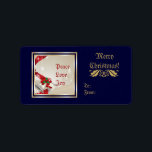 Jul Klockor Anpassningsbar-etikett Adressetikett<br><div class="desc">En elegant,  klassens juldesign med jultomten klockor,  rosett band heliga bär och ord Peace,  Kärlek,  Joy i ett gyllene gräns på djupt blå bakgrund. Anpassa den med texten.</div>
