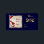 Jul Klockor Anpassningsbar-etikett Adressetikett<br><div class="desc">En elegant,  klassens juldesign med jultomten klockor,  rosett band heliga bär och ord Peace,  Kärlek,  Joy i ett gyllene gräns på djupt blå bakgrund. Anpassa den med texten.</div>