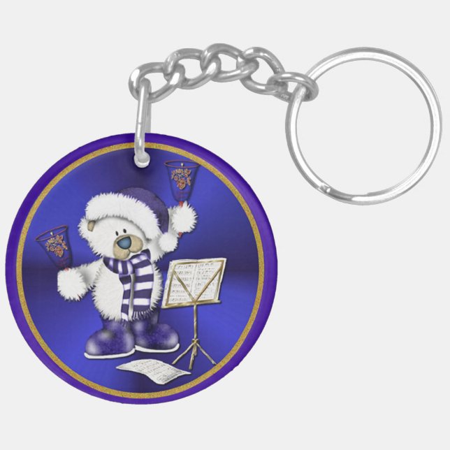 Jul Klockor Bear Blue & Guld Acrylic Nyckelring (Höger Baksida)