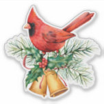 Jul Klockor och Evergreens Red Cardinal Klistermärken<br><div class="desc">Jul klockor och evergreens bouquet med röd kardinal.</div>