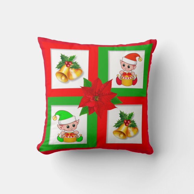 Jul klockor, poinsettia, elf på grönt och rött kudde (Framsida)