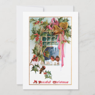 Jul Klockor, Ribbon, Holly & Birds vid Window Julkort