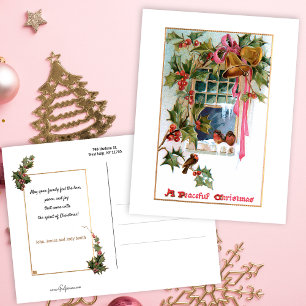 Jul Klockor, Ribbon, Holly & Birds vid Window Vykort
