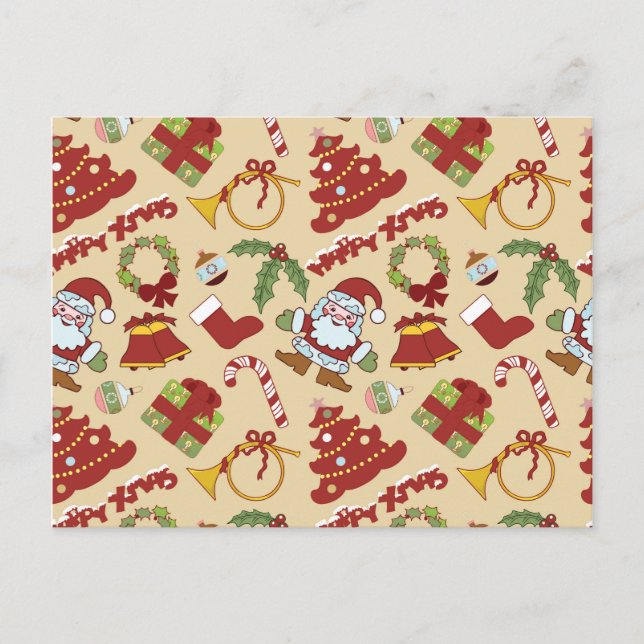 Jul klockor, träd och jultomten vykort (Framsida)