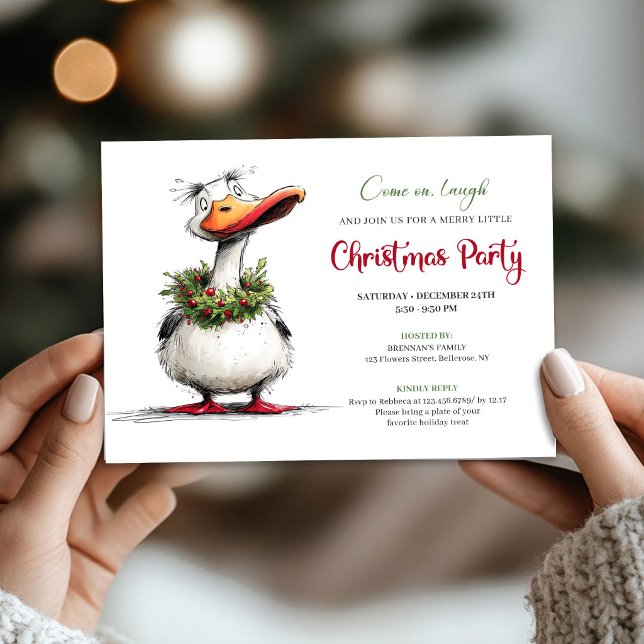 Jul Knäpp Gås Humor Excentrisk Fest Inbjudan (Christmas Quirky Goose Humor Whimsical Party Invite)